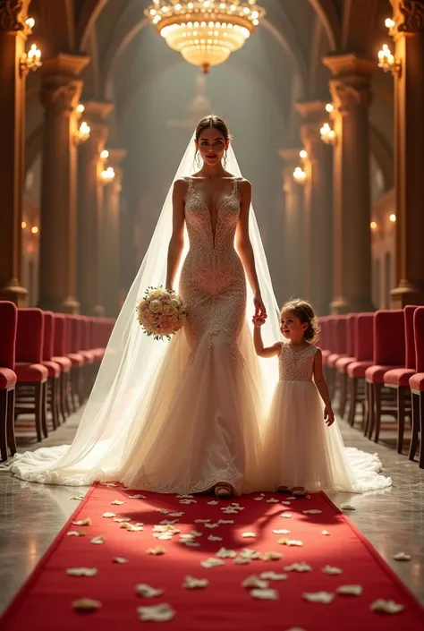 high quality photorealistic image of a royal bride, stunning goddess walking to altar with a wedding hand bouquet, red carpet sc...