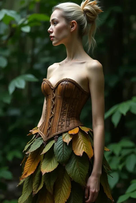 Make me a model wearing a wooden corset with a skirt made of leaves and around thin and large branches 