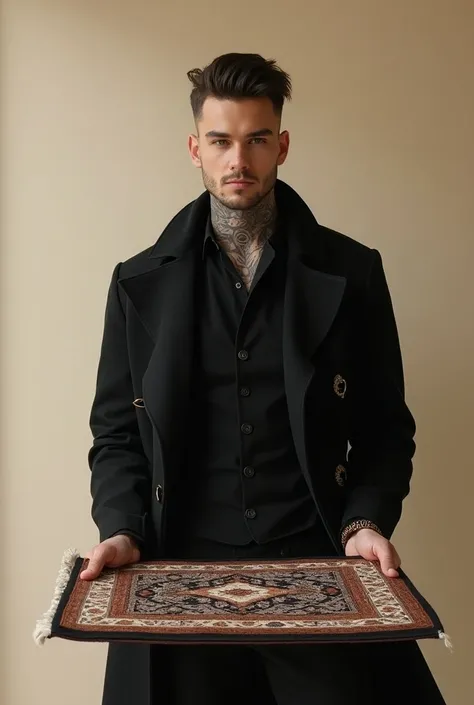 Attractive young man with tattoos wearing a black coat and very elegant clothes selling a carpet that is in his hands and with a pearl-colored background