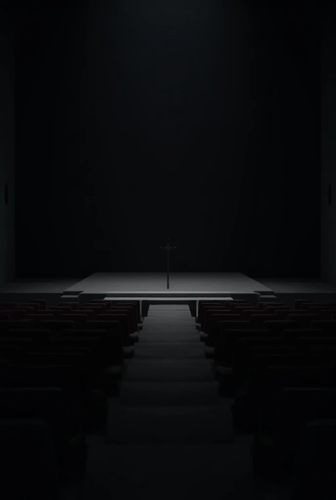 Create an image of a small auditorium , Empty, without lighting ,  solitary and with the viewpoint in the vertical direction 