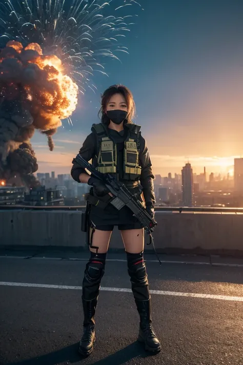 ((high quality)), ((masterpiece)), 8k, 2girls, bulletproof vest, light rays, extremely detailed CG unity 8k wallpaper, game cg, looking at viewer, gloves, boots, full body, watch, computer, mask, drone, holding weapon, headphones, jacket, (background destr...