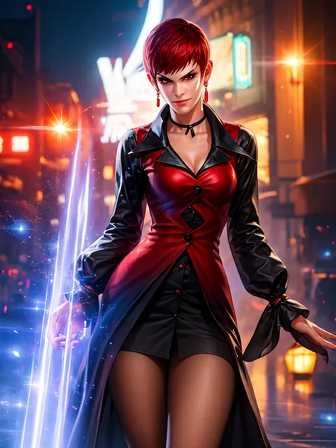 Woman in her 30s, alone, alone, athletic, very short red hair, ultra detailed, looking furiously at viewer with very upset eyes, angry gesture, has demonic costume, full body, digital art, moonlight, young woman, hands perfect and beautiful. with perfect f...