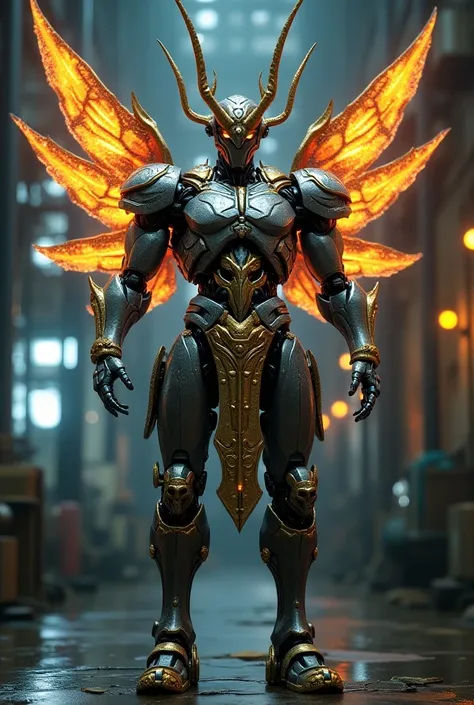 A samurai robot angel Big muscles and a Long spear and Multi-colored chrome and black knife-shaped wings It has horns with sharp thorns, glowing multi-colored lights, gold patterns, and skull and cross ornaments.Industrial factory background Decorated with...