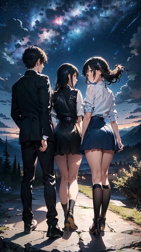  A couple of a young man and woman on top of the mountain,  enjoying the passing wind ,  a starry night sky .
They are socially dressed . 
Seen from behind, full body.
(Anime style 32K, HDR, UHD, Intricate detail, Extremely intricate detail, Hyper-realisti...