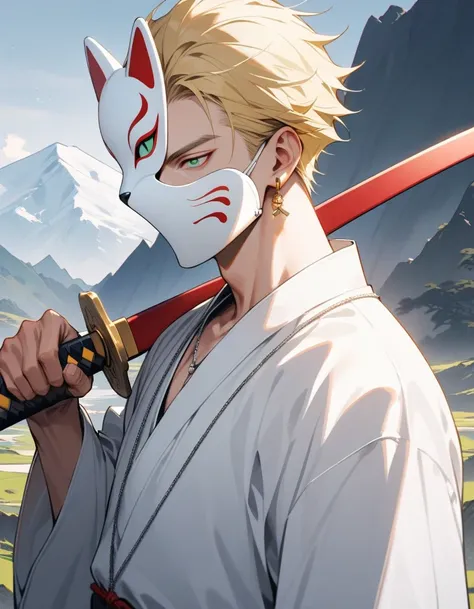 Half body, one adult man, handsome, Wearing Martial Artist Plain White Robe, wearing a white fox mask on his face, cool, two block haircut, sixpack, silver necklace, yellow hair, green eyes, gold earing, holding a red katana, mountain background, 