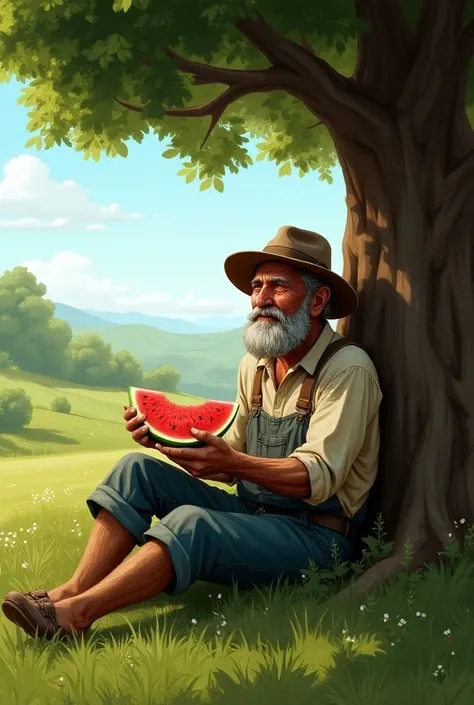 A poor Farmers taking rest under a tree and eating watermelon 