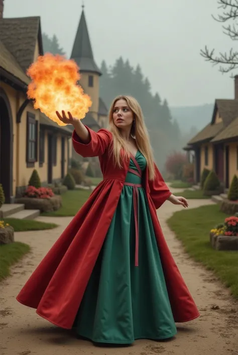 a beautiful sorceress with long blond hair casts a fireball in a dynamic pose against the background of a picturesque hobbit village, concentration, cold atmosphere, a bizarre mix of colors