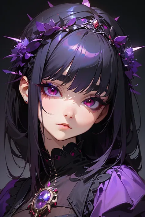 (Best Quality, masterpiece:1.2),  High Resolution , Super detailed, Realistic:1.37,  Fantasy , Illustration, Red eyes, Queen, Purple Dress.Platinum decoration、 beautiful 、 eyeshadow red、Thick eyebrows、Long eyelashes、The pupil is black、((Her hair is short))...