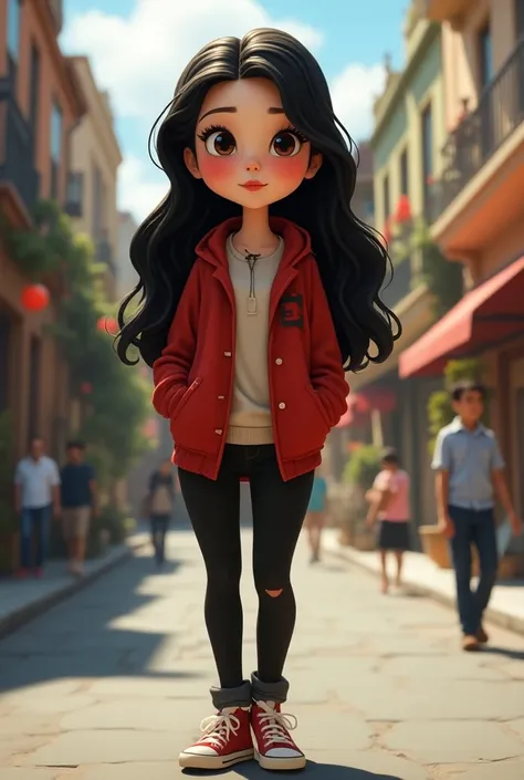  I want a Disney version girl dressed in black pants and a red jacket.  the girl has long hair , wavy and black,  long eyelashes , A Chuiquita mouth . has white skin,  brown eyes and wears glasses .  She has canvas sneakers . He is walking through the stre...