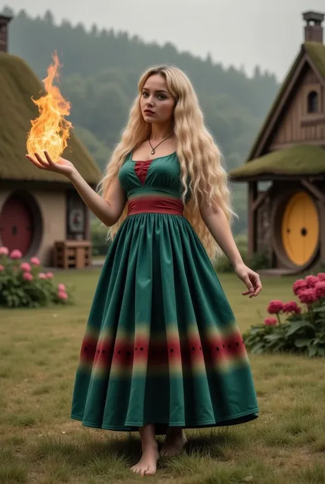 a beautiful sorceress with long blond hair casts a fireball in a dynamic pose against the background of a picturesque hobbit village, concentration, cold atmosphere, a bizarre mix of colors