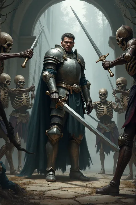 A medieval paladin ,  fighting with his sword against a group of skeletons