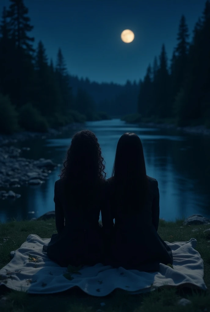 Two women sitting on a blanket in front of a river in the middle of the forest.  Nebe
Women have leaves .  In the river sin
d some small rocks . It is night and I
In the night sky you can see a few stars
And a small full moon .  Both women
n wear black jac...