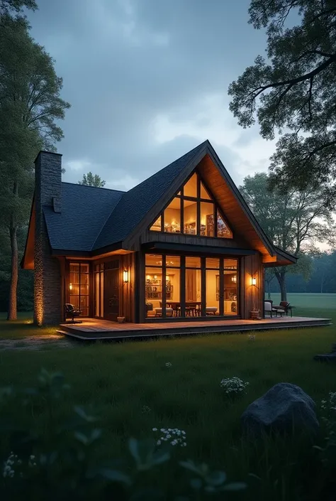 I would like to live in a detached house with a modern yet cozy design, blending wood and stone elements for a natural feel. The house would be located in a peaceful countryside, surrounded by tall trees and open fields, where the air is fresh, and the sta...