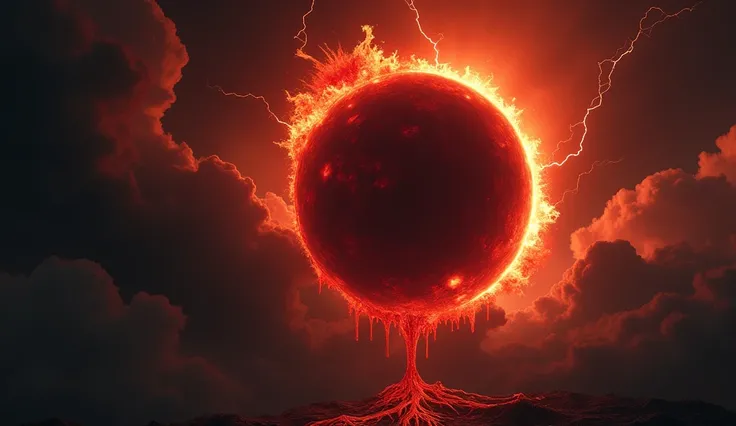 creates an image showing solar eclipse oozing red goo, dark clouds with lightning and thunder, perfection in details, perfect features, perfect environment, v-6 q-6, h-6,