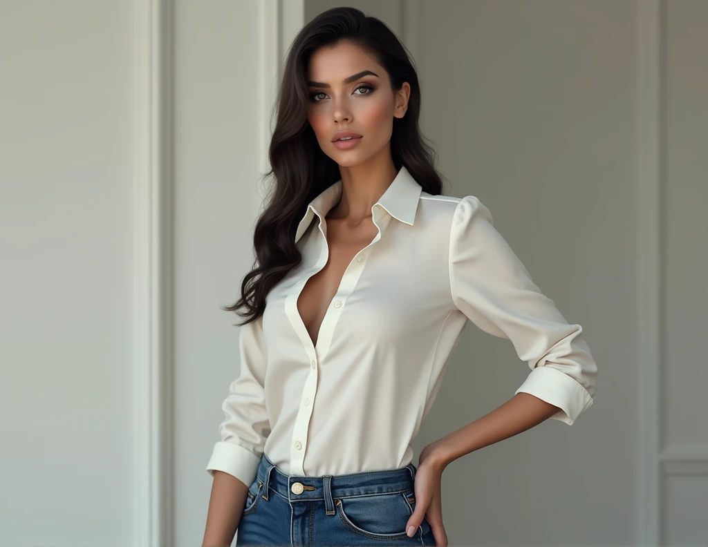 a pretty woman in a white shirt and jeans, Serious and sexy