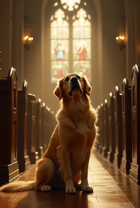 Golden breed dog praying in church