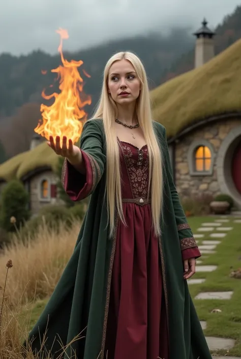 a beautiful sorceress with long blond hair casts a fireball in a dynamic pose against the background of a picturesque hobbit village, concentration, cold atmosphere, a bizarre mix of colors