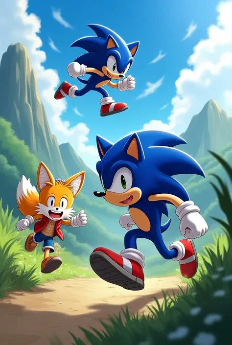 O Sonic voando e o tails correndo  e o Luffy 
