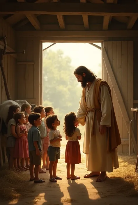 jesus at with kids at a barn