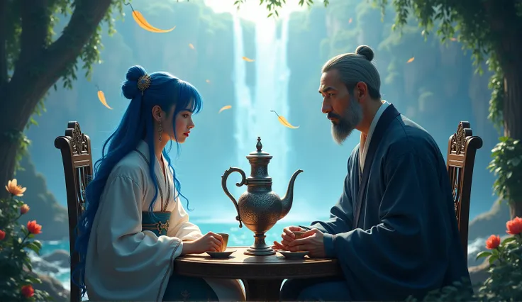  blue-haired girl stray 14 years old having tea with dad, samovar , feathers around , in the style of k-pop and morrowind , cinematography,  better quality, many details
