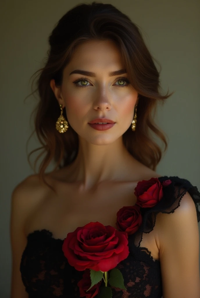 a beautiful 45 year old woman, detailed square face, red rose on neck, black lace dress with red, golden earrings, strong features like a turning dove, highly detailed skin, medium brown hair with highlights, film grain, 35mm, cute style