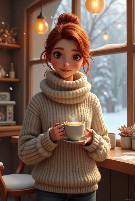 Caitria Yvonne bringing a coffee to a table in a cozy cafe in the winter