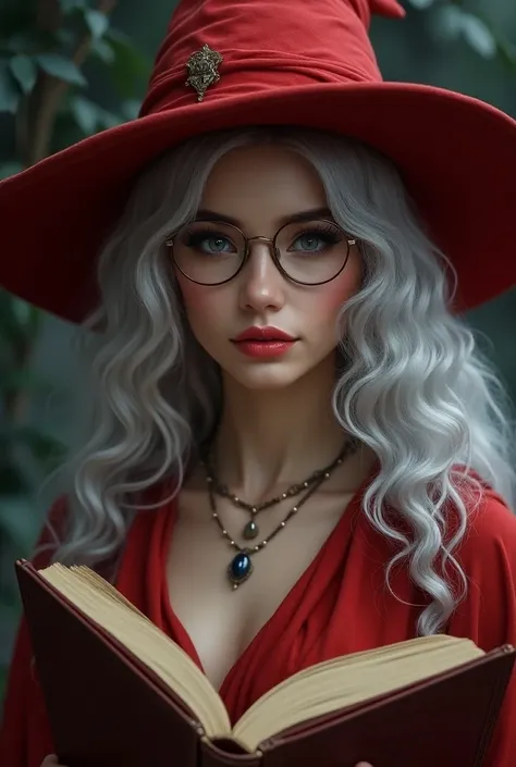 (1girl,beautiful detailed face,beautiful detailed eyes,beautiful detailed lips,extremely detailed eyes and face,longeyelashes,silver haired woman,woman in red hat and glasses holding a book,woman wearing harry potter glasses,Maya Ali as d&d sorceress,woman...