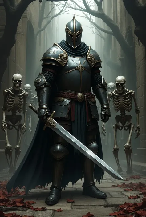 A medieval paladin wearing a helmet and full armor ,  attacking with his sword against a group of skeletons