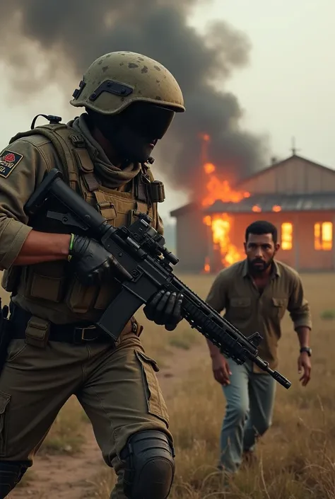 A paramilitary assaulting a peasant with a firearm and in the background of them a house burning