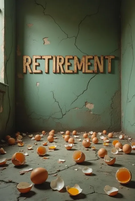 Create an absurd image showing the word retirement on the wall, a dirty floor full of broken eggs .
