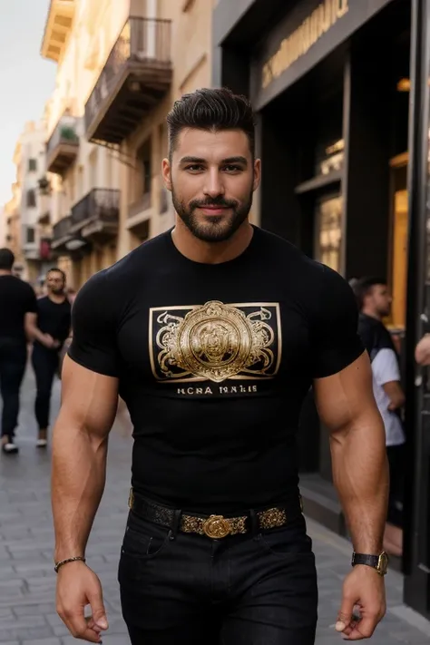 Michele Vittorio macho handsome black t-shirt, bearded and muscular man, very handsome and manly, intricate, elegant, smiling at camera, sharp focus, photo by greg rutkowski, soft natural lighting, sunset in background, vibrant colors, masterpiece, walking...