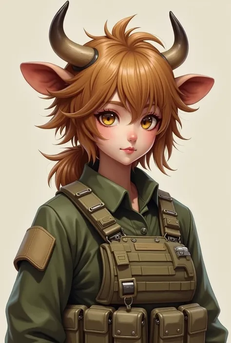 realism, plain background, female, adult, fluffy and tousled hair in shades of honey brown and cream, golden-brown eyes, small cow horns above her forehead, rounded cow ears peeking through her hair, warm and round face, wearing ballistic vest, military cl...