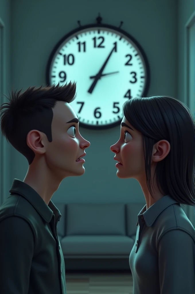 A shot of a wall clock with its hands frozen at midnight, contrasting with the anxious expressions of Alex and Jamie.
3D CGI animation style 