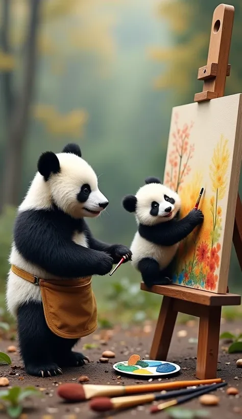  Create a scene of a miniature panda couple painting on a giant canvas. The male, wearing an apron, holds a brush, while the female chooses the colors on the ,  palette surrounded by disproportionate brushes and paints 