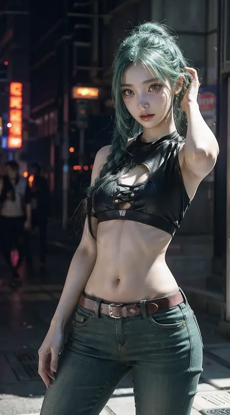 jinx arcane, uma mulher com green hair e tatuagens and blue eyes, cyberpunk woman anime woman, pants, beautiful angry cyberpunk ...