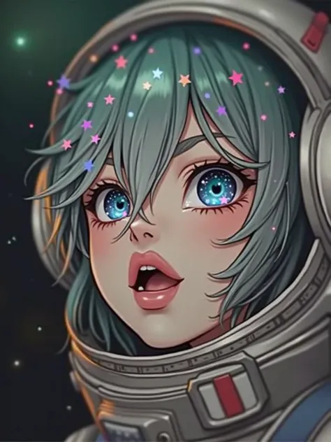  WAS MISSING Close-up of an improved masterpiece:1.5)0.9], (Space and astronauts:1.2) (Messy silver hair:1.1) (heterochromia: xanthochromia and blue eyes:1.2) (Space helmet:1.0) (Colourful stars in the eyes:1.0) (A radiant glow:1.1) (Thick lips:0.9)