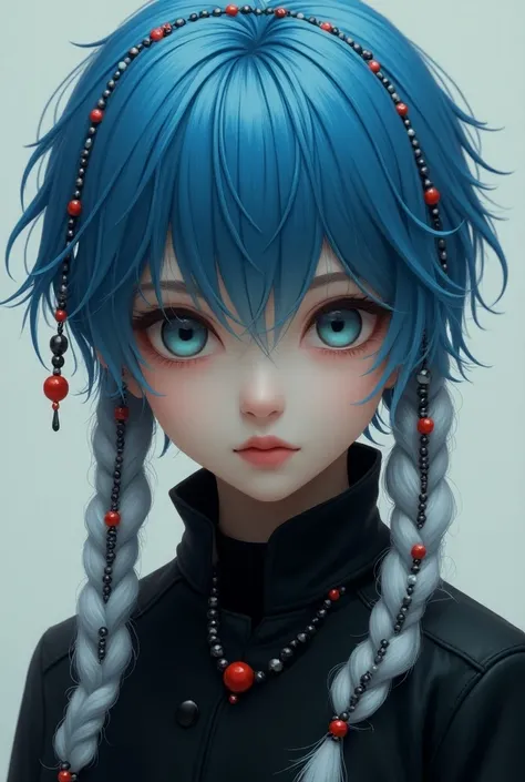 Boy with blue hair ,  with black clothes in white fur braids at the side of his ears with each one of them black and red pearls and he looks to the side 