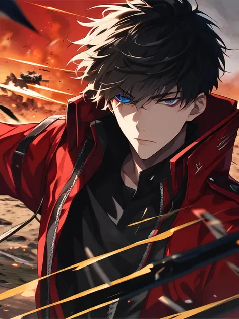 One Man, Young man,Adult male,男らShii,Fair skin,Black Hair,Rin々Shii,Handsome,cool,war,Red jacket, jacket, black shirt,Short Hair,bangs,cool,Expressionless,special eye ,battlefield,Best Quality,  High Resolution ,  unity 8k Wallpaper , (Illustration:0.8),( p...