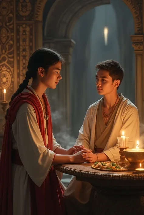 Young man meets a male healer in a temple with a mystical atmosphere 