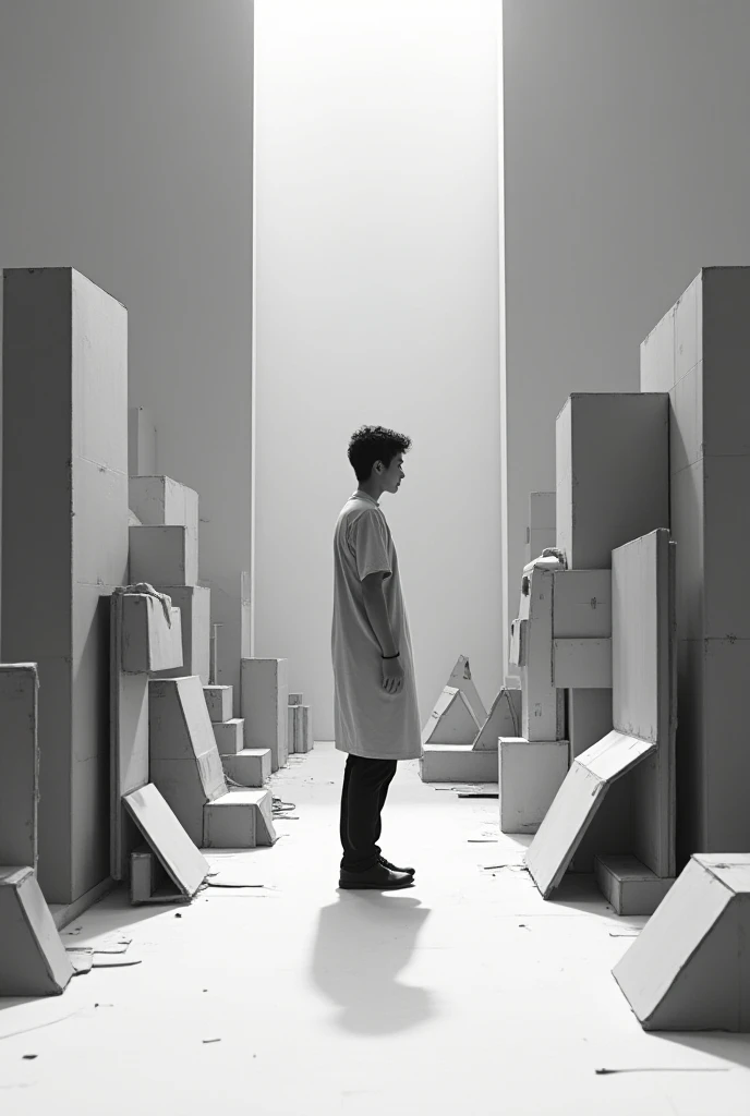 artist viewing his works of art ,  black and white version of cardboard 
