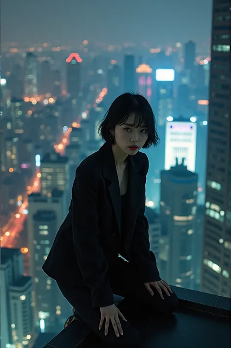 korean young women，Black Mens Clothing，On Skyscraper ，City night scene，front，Squat 