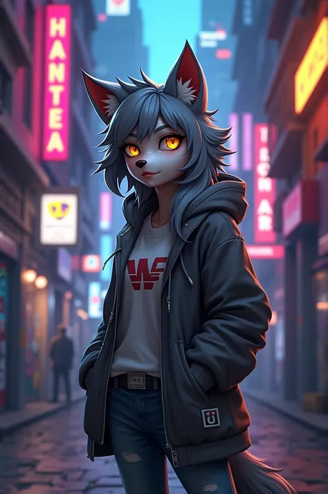 Create a detailed image of a female furry character .  The character must be anthropomorphic ,  looking like a wolf , with gray fur , yellow eyes,  and wearing modern clothes such as hoodies and jeans . The setting is a futuristic city at night,  with neon...