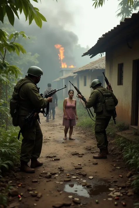 A paramilitary murdering a peasant and his family with a firearm and in the end the paramilitary lights up his house all this in Colombia