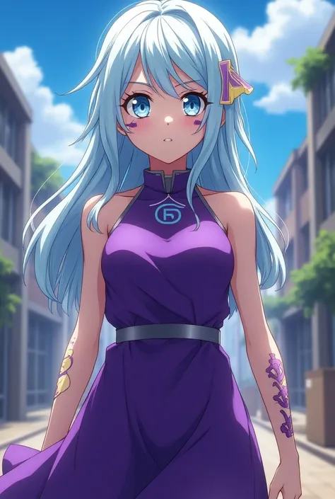 Physically strong  girl. Has long pale blue hair with a blonde streak, light blue eyes, and a G clef violet-colored symbol on her cheeks. Boku no Hero Academia art style. Wearing a purple dress.