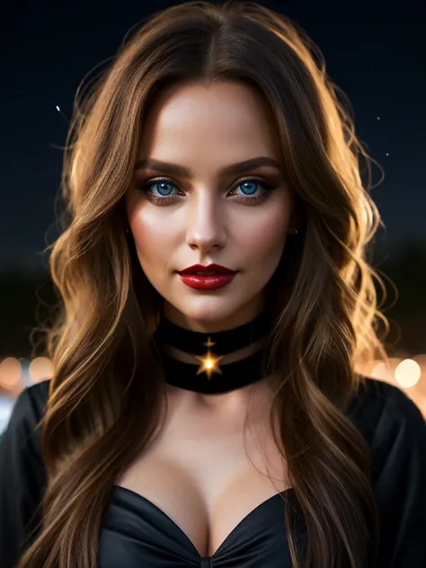 A beautiful young woman with gigantic breasts, wearing a black choker, standing alone against a starry night sky background. She has long, curly blonde hair, blue eyes, and red lips with a slight smile. The womans breasts are the focal point, accentuated b...