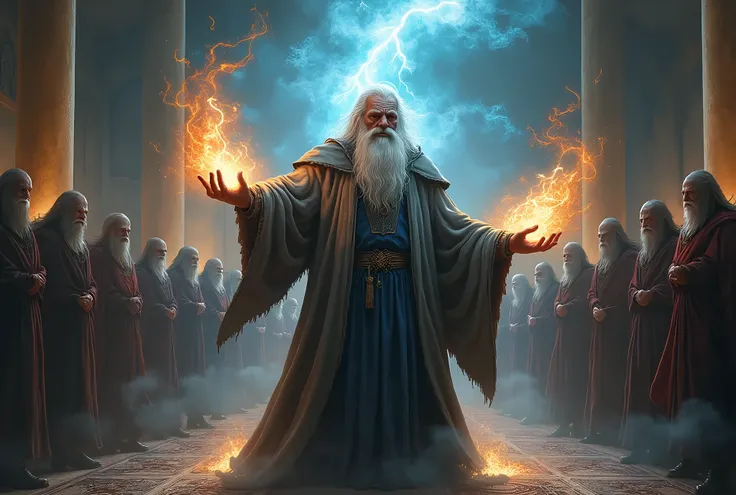 The old sorcerer his clothes are gray and blue , It begins to generate energy power is engulfed in flames that it generates with its power everyone in court is amazed and scared