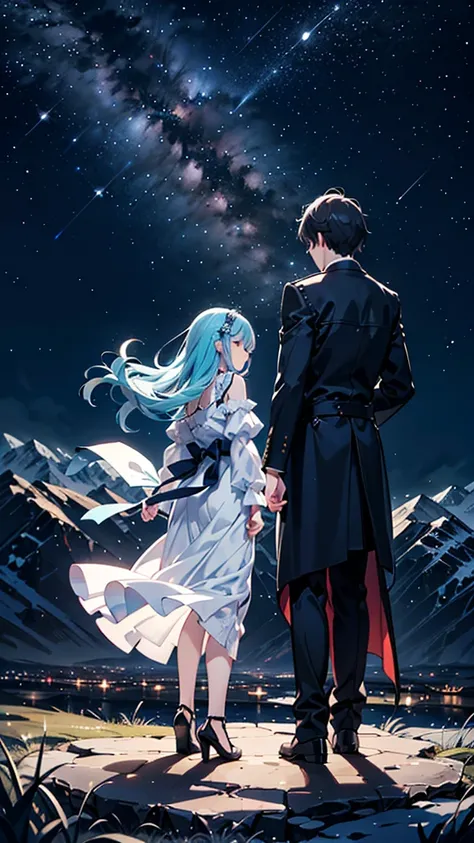  A couple of a young man and woman on top of the mountain,  enjoying the passing wind ,  a starry night sky .
They are socially dressed . 
Seen from behind, full body.
(Anime style 32K, HDR, UHD, Intricate detail, Extremely intricate detail, Hyper-realisti...