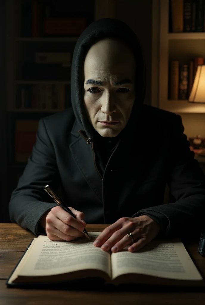 Create an image of a person writing a diary wearing a mask from another face on their face