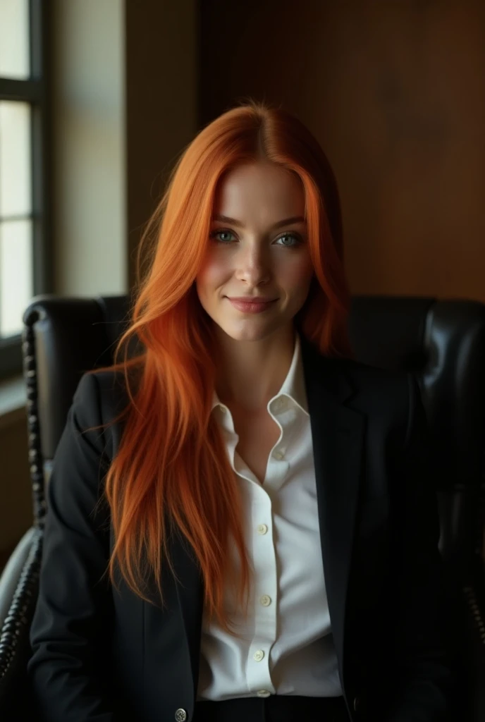 1woman, Masterpiece, best quality, highres, (photo:1.1) , rich professional beautiful ginger woman, sexy Irish ginger, bright orange redhead, shining ginger hair, very long hair with side parting, no bangs. high class, suit, jacket, (big open smile showing...