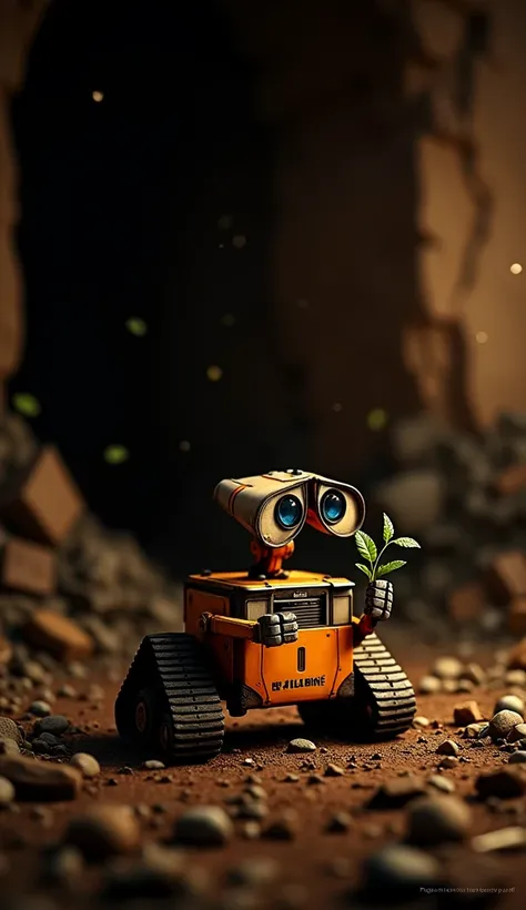 WALL-E,  carrying mechanical hands, a small plant , among rubble, U high definition,  masterpiece, Retina, necessary, Anatomically correct,  textured leather, Super detail, High details, High quality, Award Winner,  The best quality , highres, 1080P,  high...